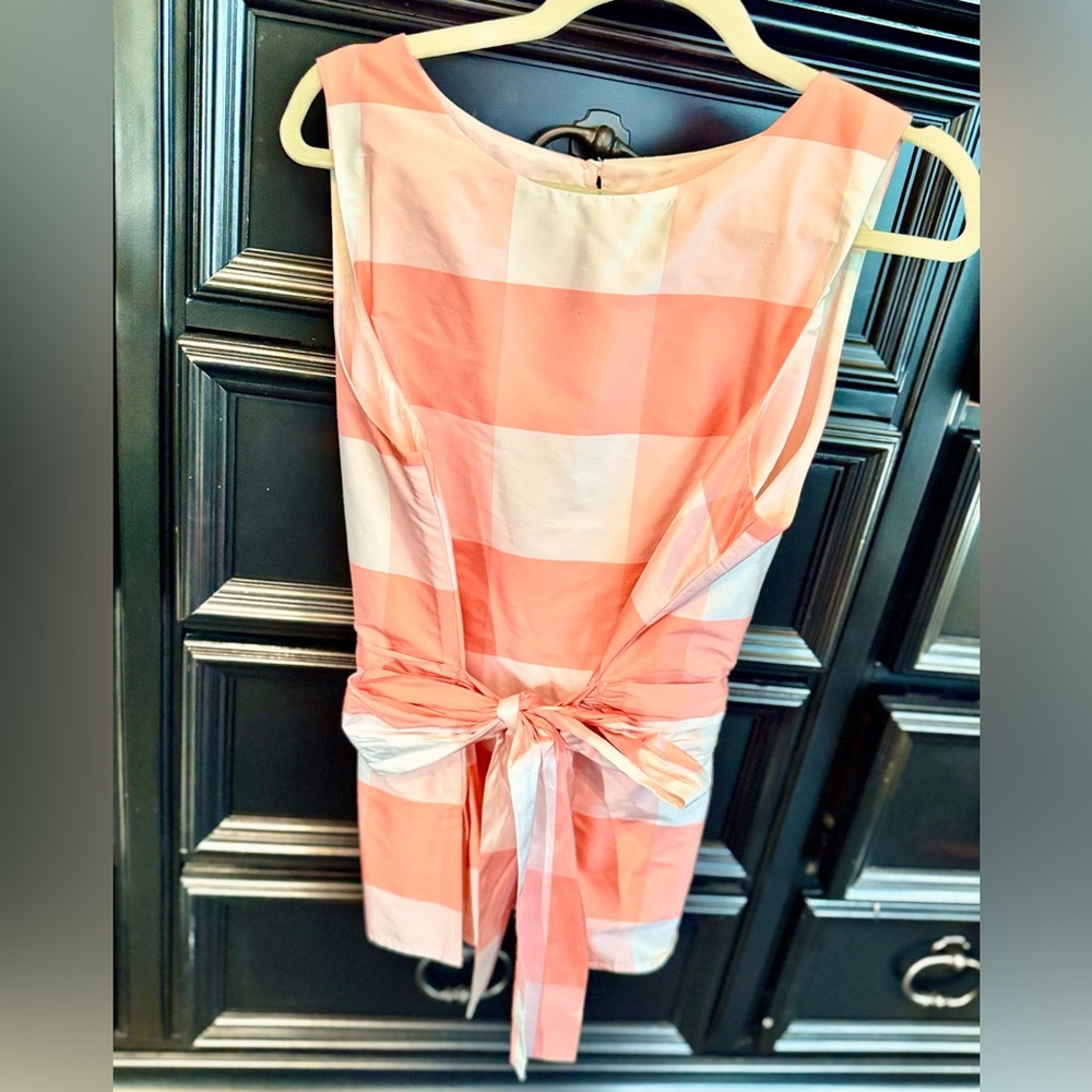 SARA CAMPBELL Silk Peach Plaid Bow Sash Tie Waist Sleeveless Blouse Fully Lined - Picture 12 of 16